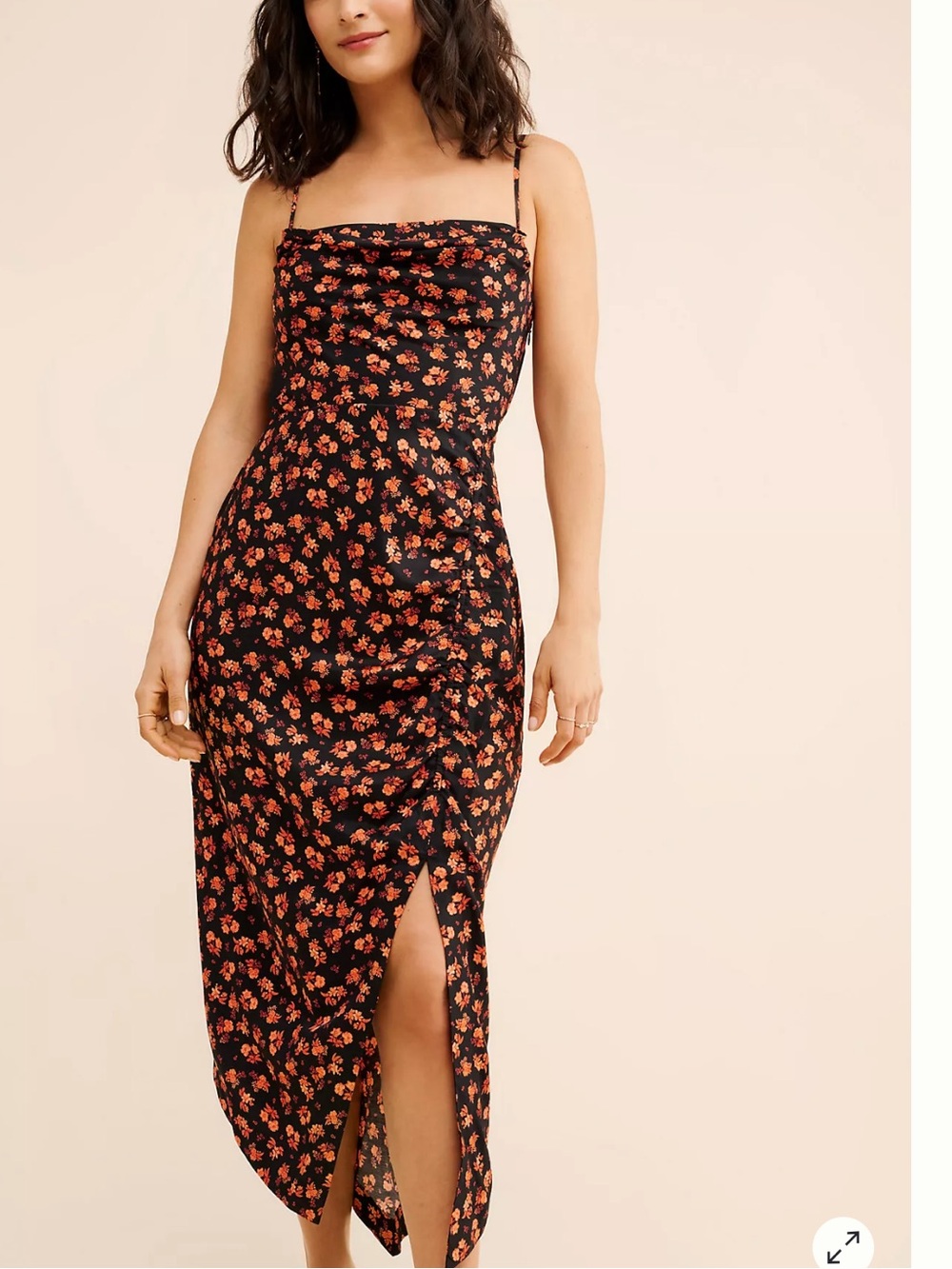 Anthropologie Black Slip Midi Dress with Orange Floral Asymmetrical Draped Back
